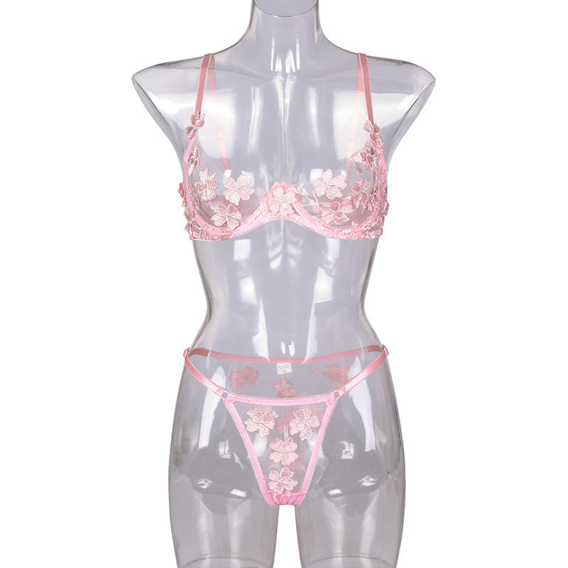 Sexy Large Size Romantic Heavy Industry Flower Embroidery Perspective Temptation and Fun Underwear Set