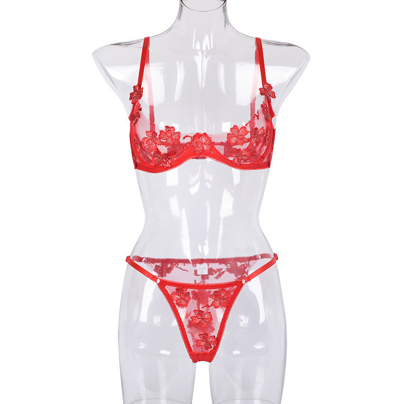 Sexy Large Size Romantic Heavy Industry Flower Embroidery Perspective Temptation and Fun Underwear Set
