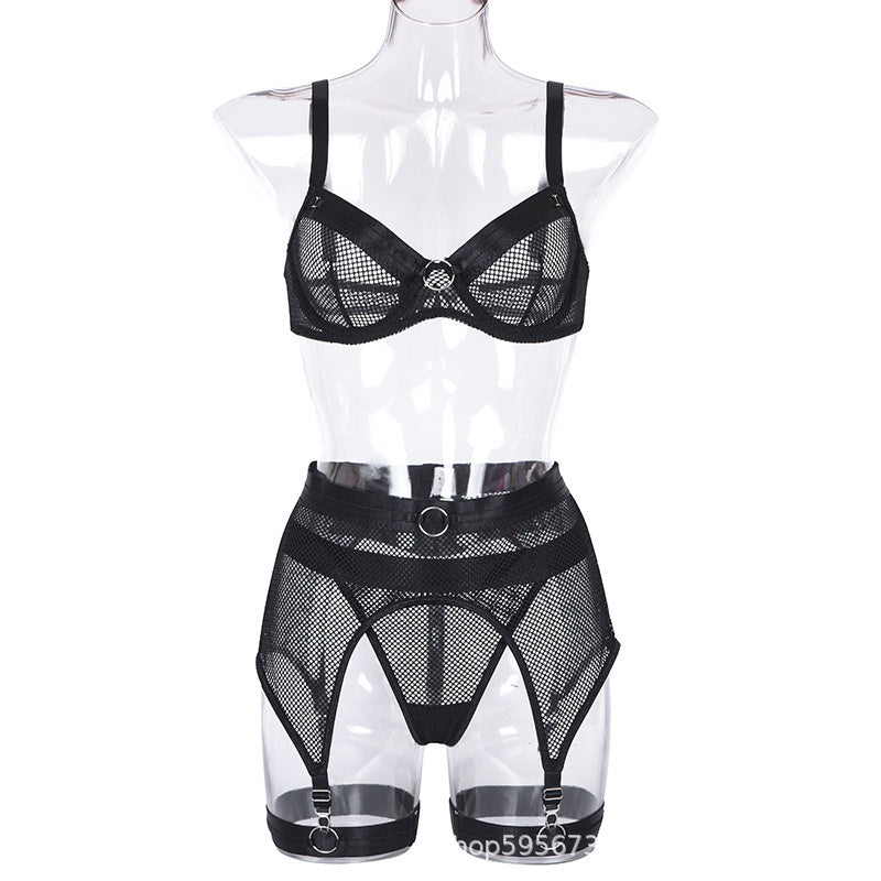 Hot selling sexy perspective splicing four piece set with hanging neck to gather comfortable and fun lingerie 09335