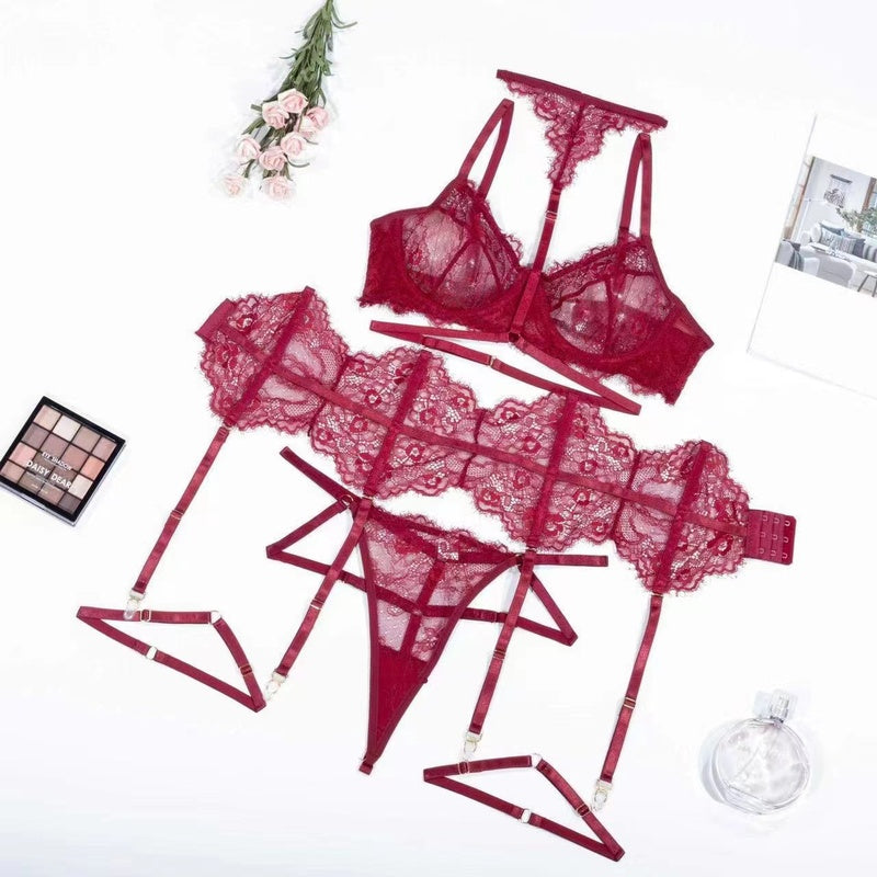 Hanging Neck Lace Perspective Sexy Nightclub Fun Underwear Set jumpsuit