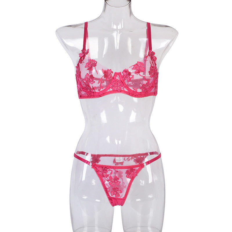 Sexy Large Size Romantic Heavy Industry Flower Embroidery Perspective Temptation and Fun Underwear Set
